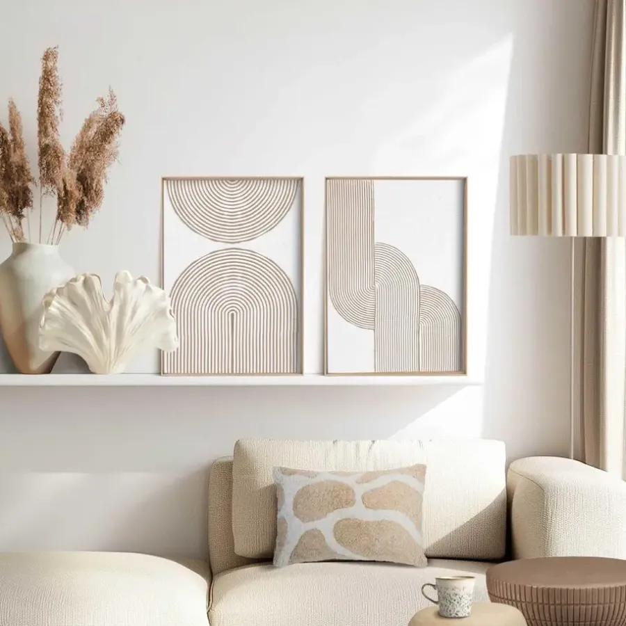 Schilderijen-Reinders Abstracte wanddecoratie set met structuur Taupe bogen - 40 x 30cm