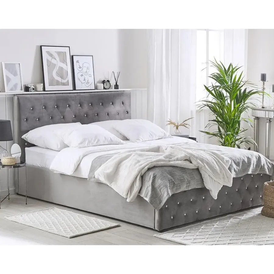 Beliani AMIENS - Bed met opbergruimte - Grijs - 140 x 200 cm - Fluweel