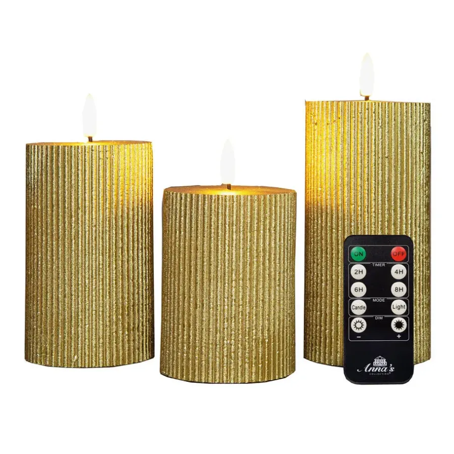 Anna's Collection Anna Collection LED stompkaarsen - 3x - goud - ribbel