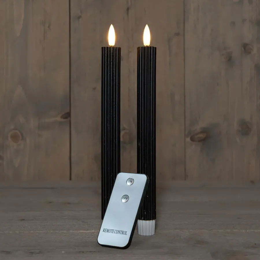 Kaarsen-Anna's Collection Led dinerkaarsen - 2x st - zwart - ribbel - 23 cm
