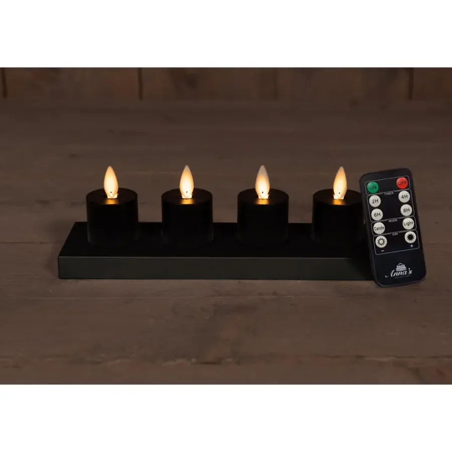 Anna's Collection Oplaadbare LED theelichtjes - 4x - zwart -H6 cm