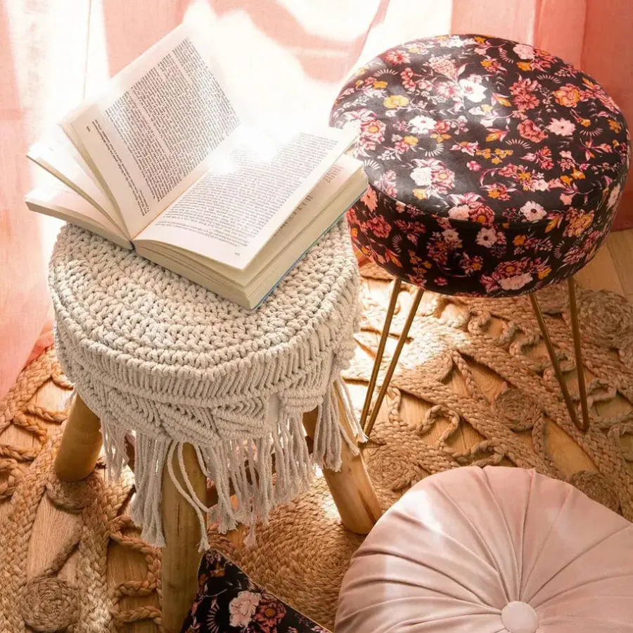 Atmosphera Bijzet krukje model Macrame - naturel - H42 cm