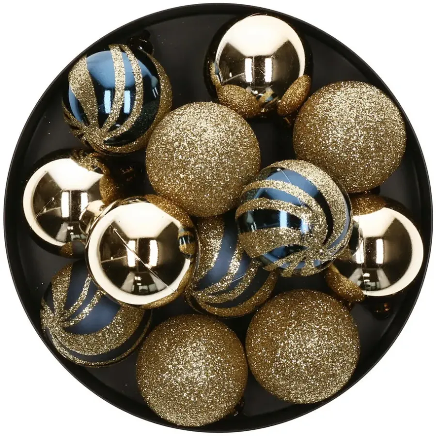 Kerstballen-Atmosphera Kerstballen - 12st - kunststof - goud-blauw - 4cm