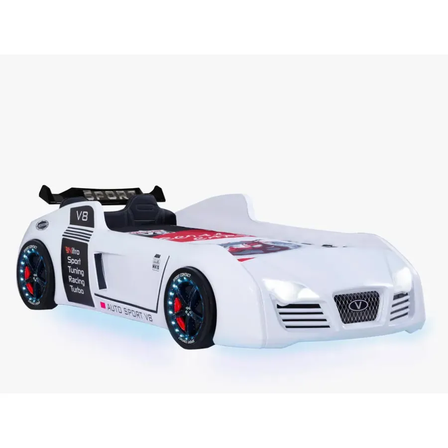 Merkloos Autobed - Racebed - Met LED en sounds - V8 Sport - 239x127x72 cm - Wit