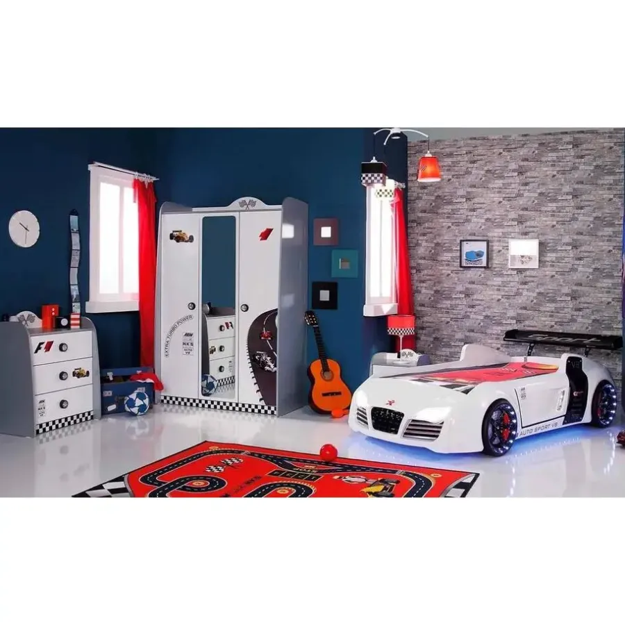 Merkloos Autobed - Racebed - Met LED en sounds - V8 Sport - 239x127x72 cm - Wit