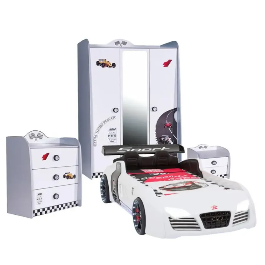 Merkloos Autobed - Racebed - Met LED en sounds - V8 Sport - 239x127x72 cm - Wit
