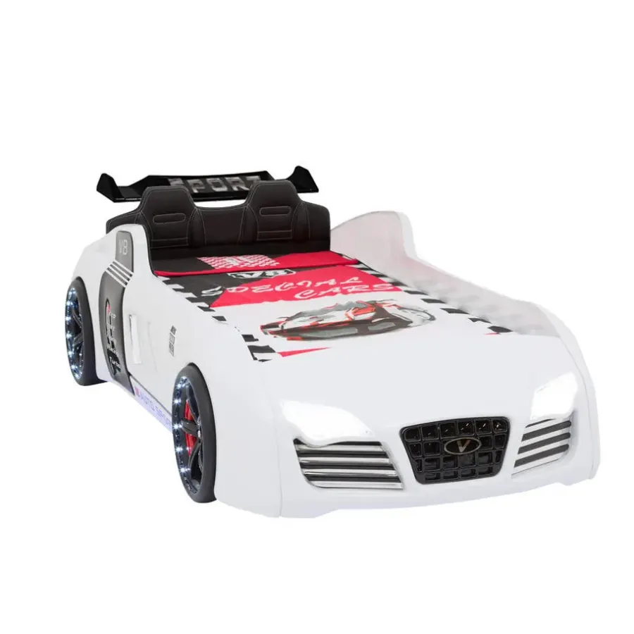 Merkloos Autobed - Racebed - Met LED en sounds - V8 Sport - 239x127x72 cm - Wit
