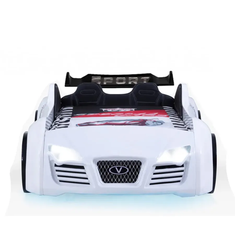 Merkloos Autobed - Racebed - Met LED en sounds - V8 Sport - 239x127x72 cm - Wit