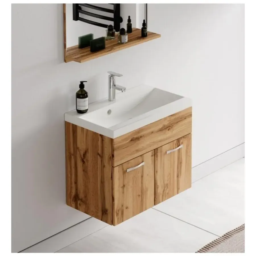Wastafelkasten-Badplaats Badkamermeubel Montreal 60 x 35 cm – Eiken – Wastafel met Onderkast