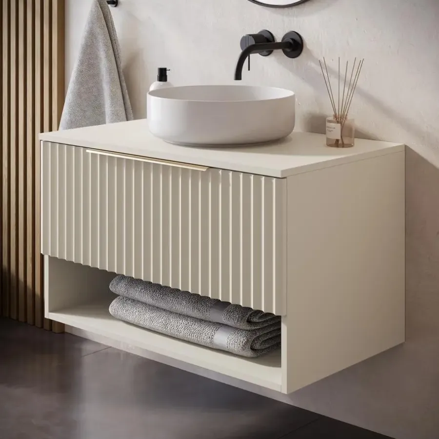 Badplaats Wastafelkast Kelo 80 cm - Beige - Badmeubel met 1 Lade en Open Vak