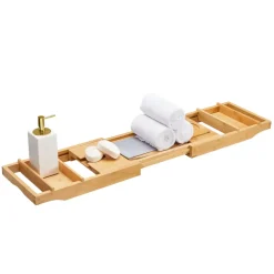 ACAZA Badplank met Boekenhouder – Uitschuifbare Bad Brug – 75 tot 109 cm Breed