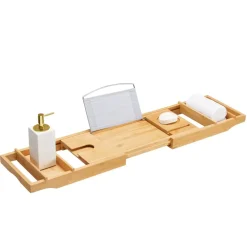 ACAZA Badplank met Boekenhouder – Uitschuifbare Bad Brug – 75 tot 109 cm Breed