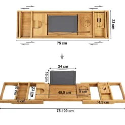 ACAZA Badplank met Boekenhouder – Uitschuifbare Bad Brug – 75 tot 109 cm Breed