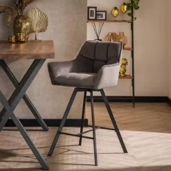 Barkrukken-Giga Living Barstoel Velvet Antraciet - Metaal - Draaibaar - 57x53x96cm - Set van 2