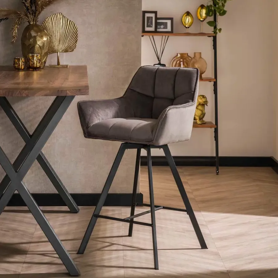Barkrukken-Giga Living Barstoel Velvet Antraciet - Metaal - Draaibaar - 57x53x96cm - Set van 2