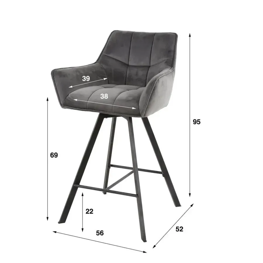 Barkrukken-Giga Living Barstoel Velvet Antraciet - Metaal - Draaibaar - 57x53x96cm - Set van 2