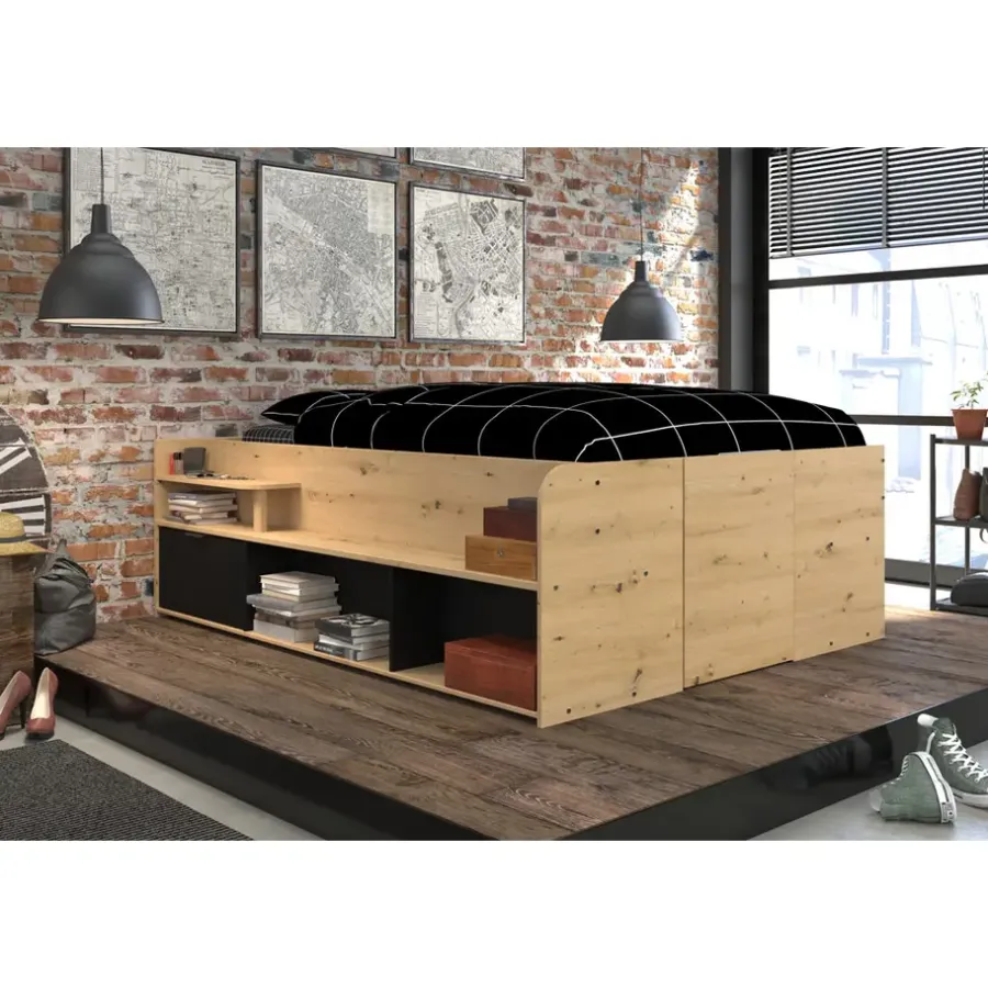 Leen Bakker Bed Bremen met opslag - eiken/zwart - 140x200 cm