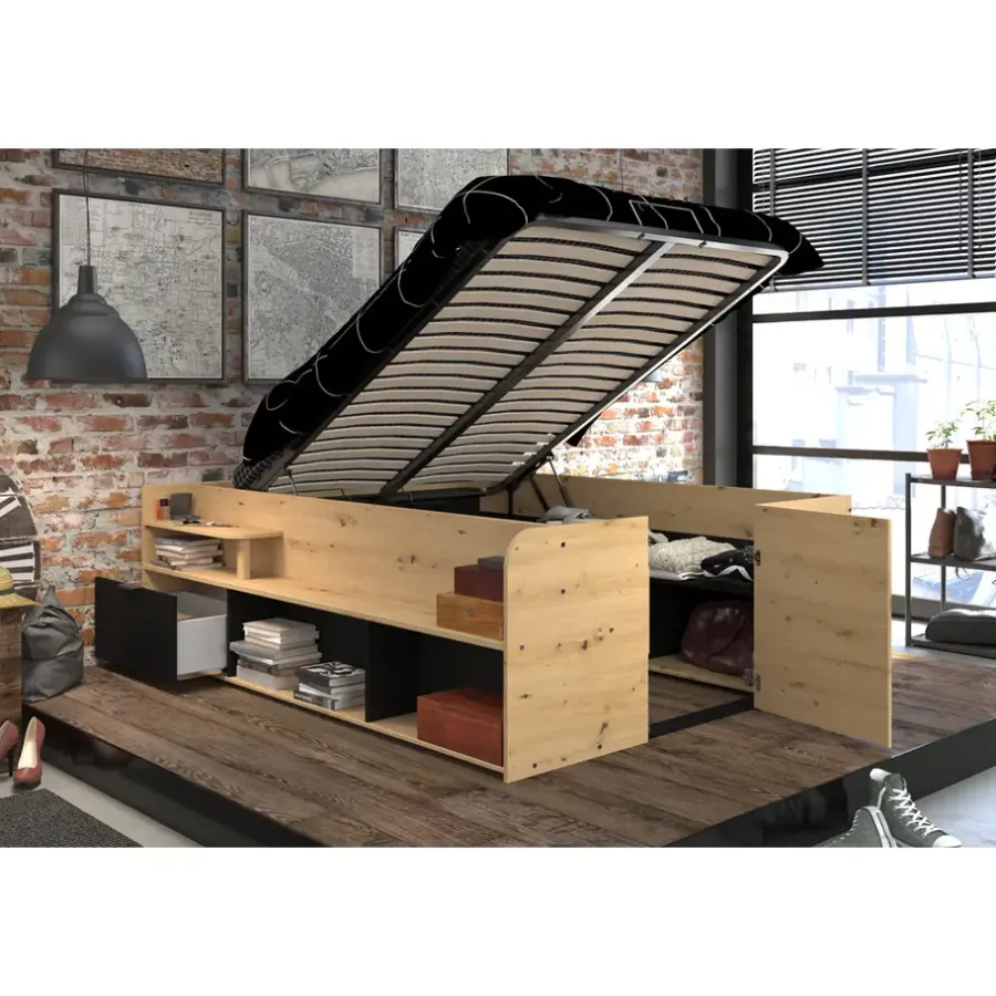 Leen Bakker Bed Bremen met opslag - eiken/zwart - 140x200 cm