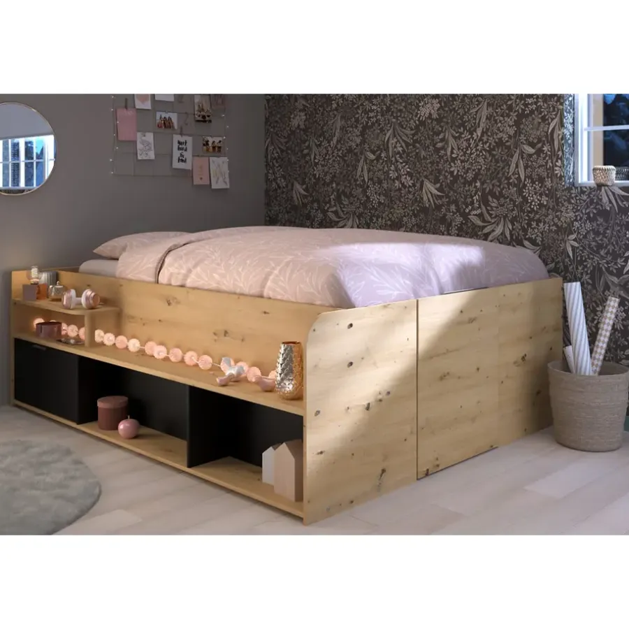 Leen Bakker Bed Bremen met opslag - eiken/zwart - 140x200 cm