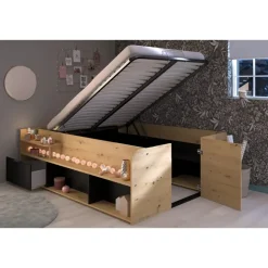 Leen Bakker Bed Bremen met opslag - eiken/zwart - 140x200 cm