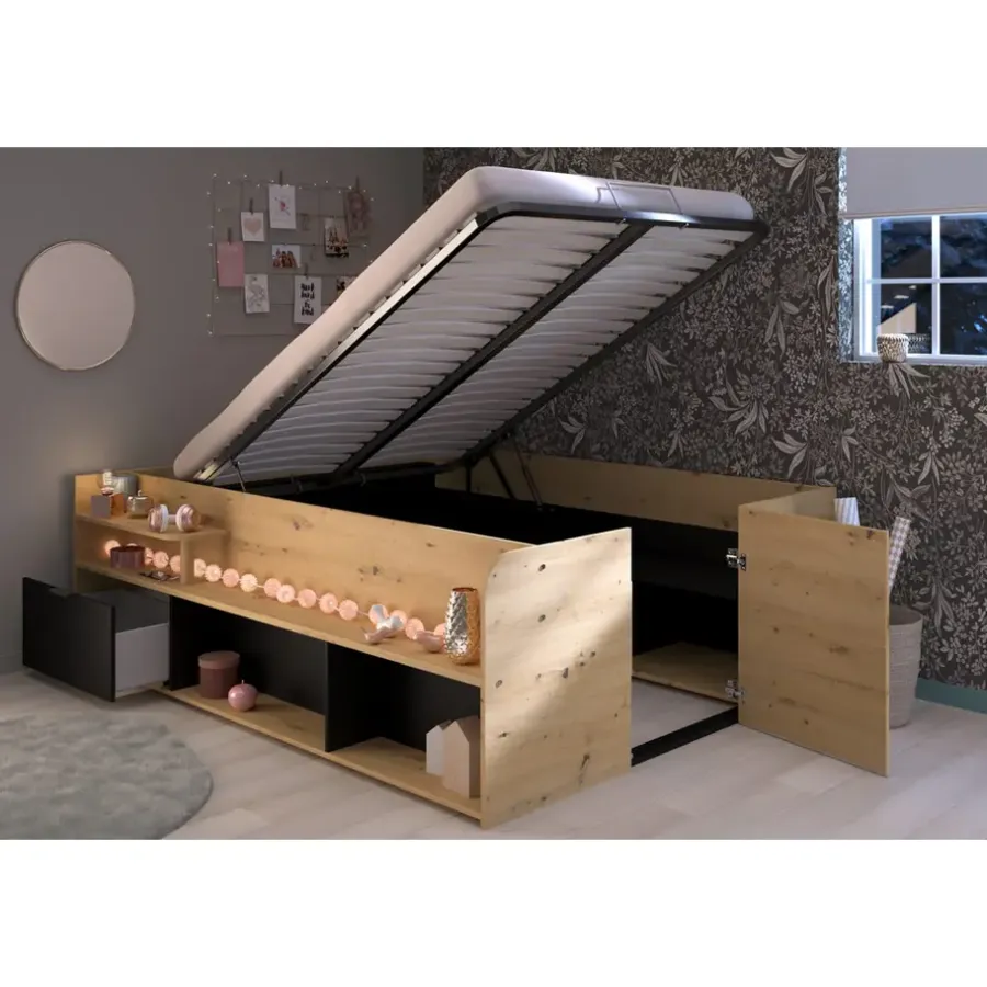 Leen Bakker Bed Bremen met opslag - eiken/zwart - 140x200 cm