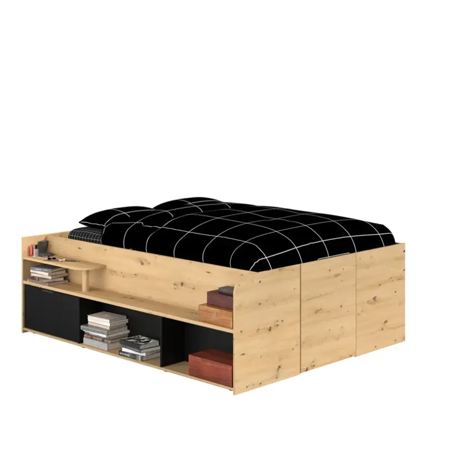 Leen Bakker Bed Bremen met opslag - eiken/zwart - 140x200 cm