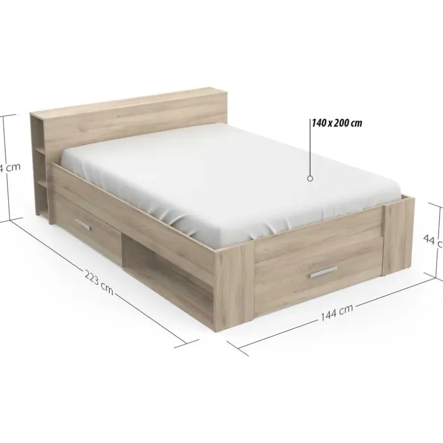 2-Persoons Bedden-CBA Bed Polly 140 x 200 cm-Kronberg eik