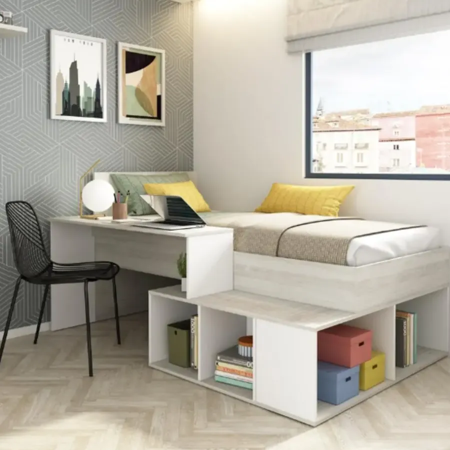 Kinderbedden-Trasman Bed Quinn 90x200 cm met bureau en opbergruimte - grenen/ wit