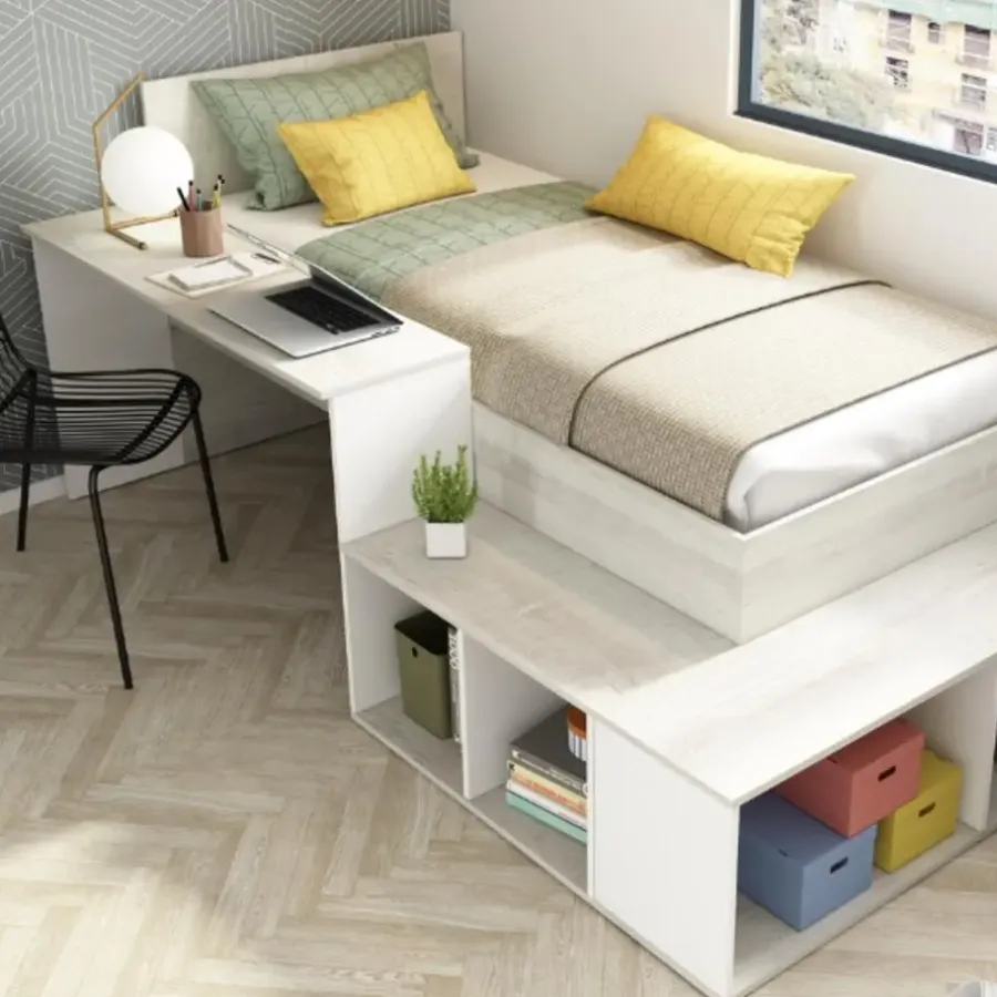 Kinderbedden-Trasman Bed Quinn 90x200 cm met bureau en opbergruimte - grenen/ wit