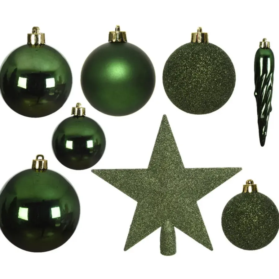 Kerstdecoratie-Bellatio Decorations Kerstballen - 33x - donkergroen - met piek