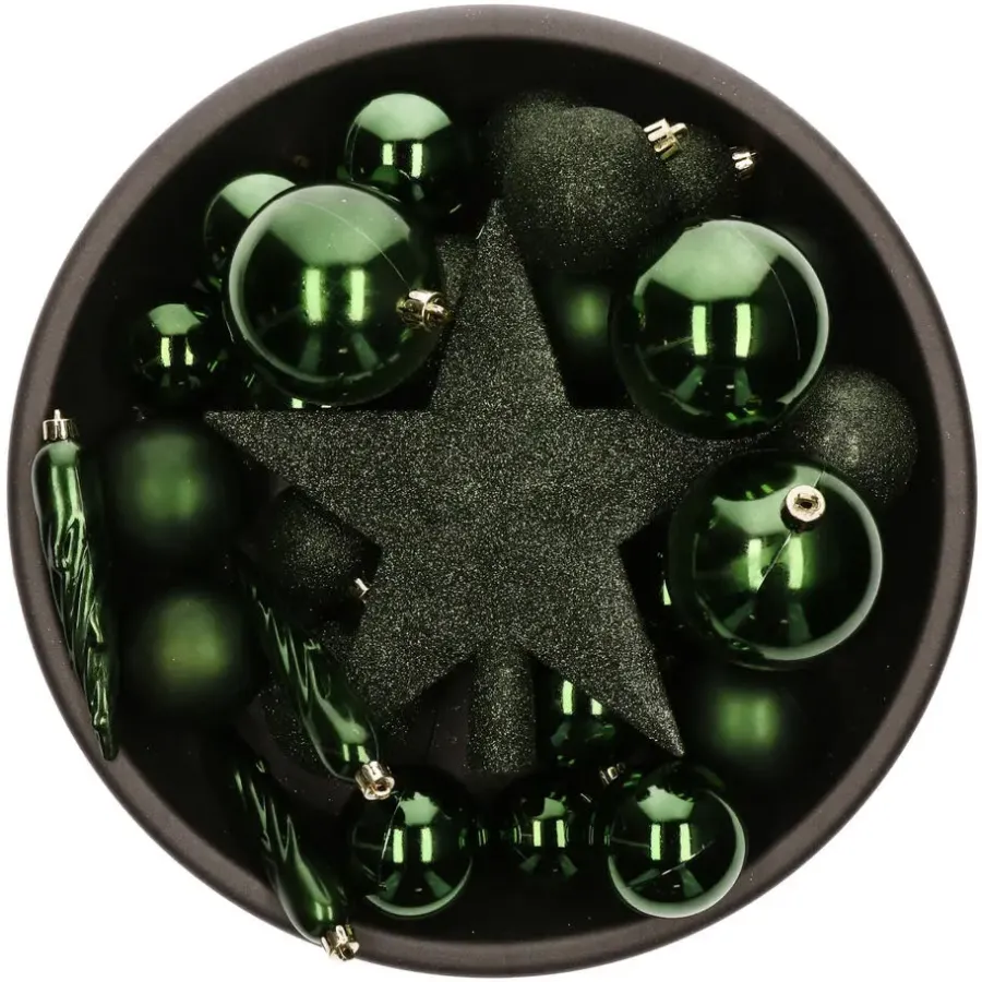 Kerstdecoratie-Bellatio Decorations Kerstballen - 33x - donkergroen - met piek
