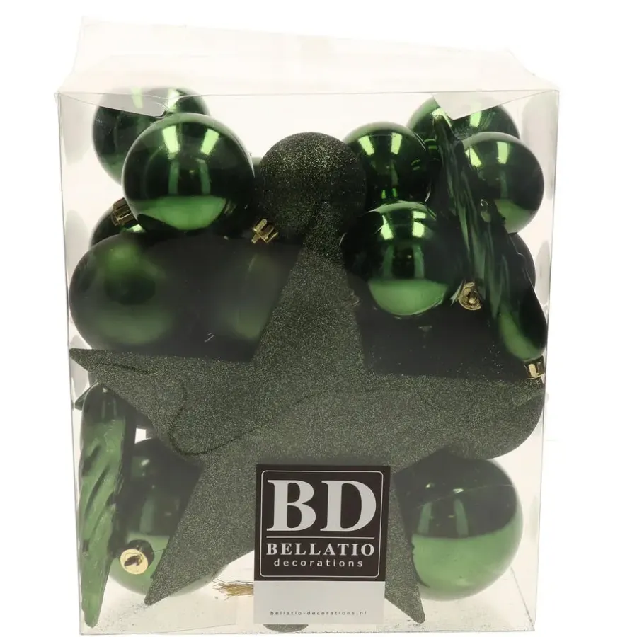 Kerstdecoratie-Bellatio Decorations Kerstballen - 33x - donkergroen - met piek