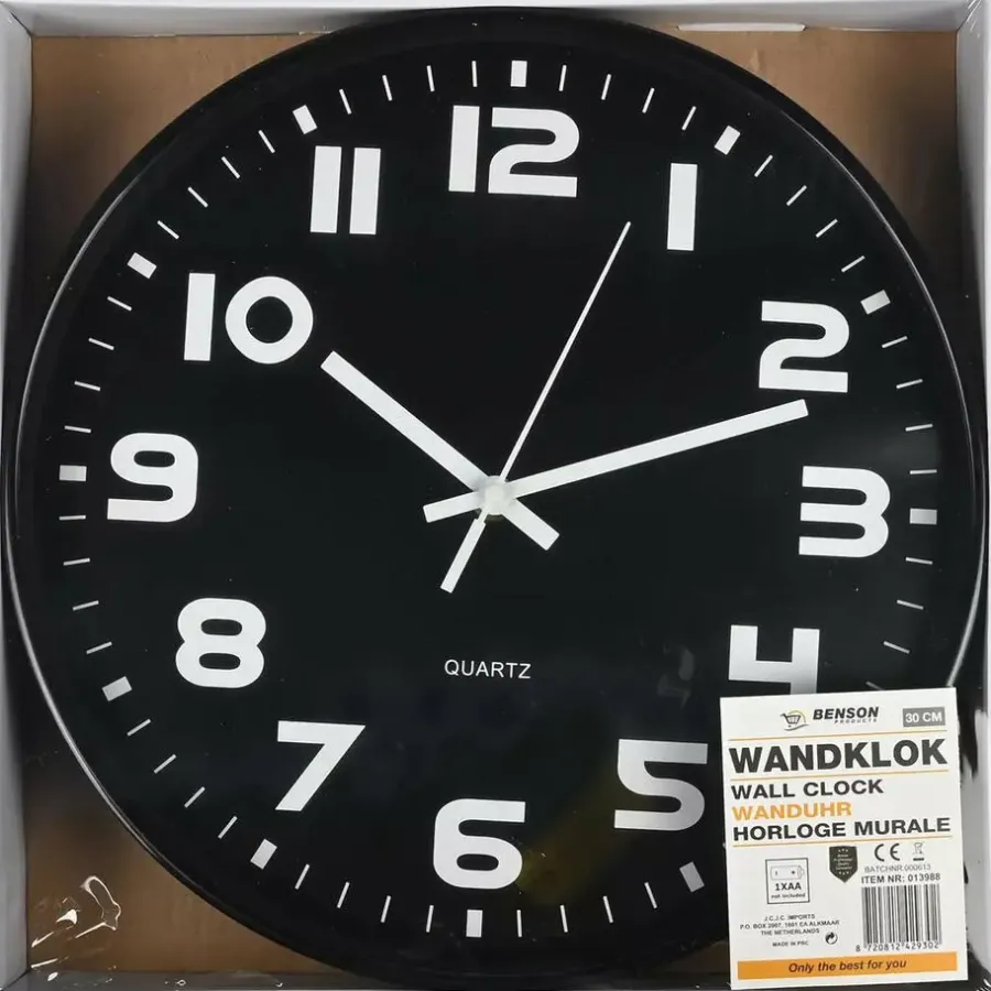 Benson Wandklok - zwart - D30 cm - modern design - stijlvol
