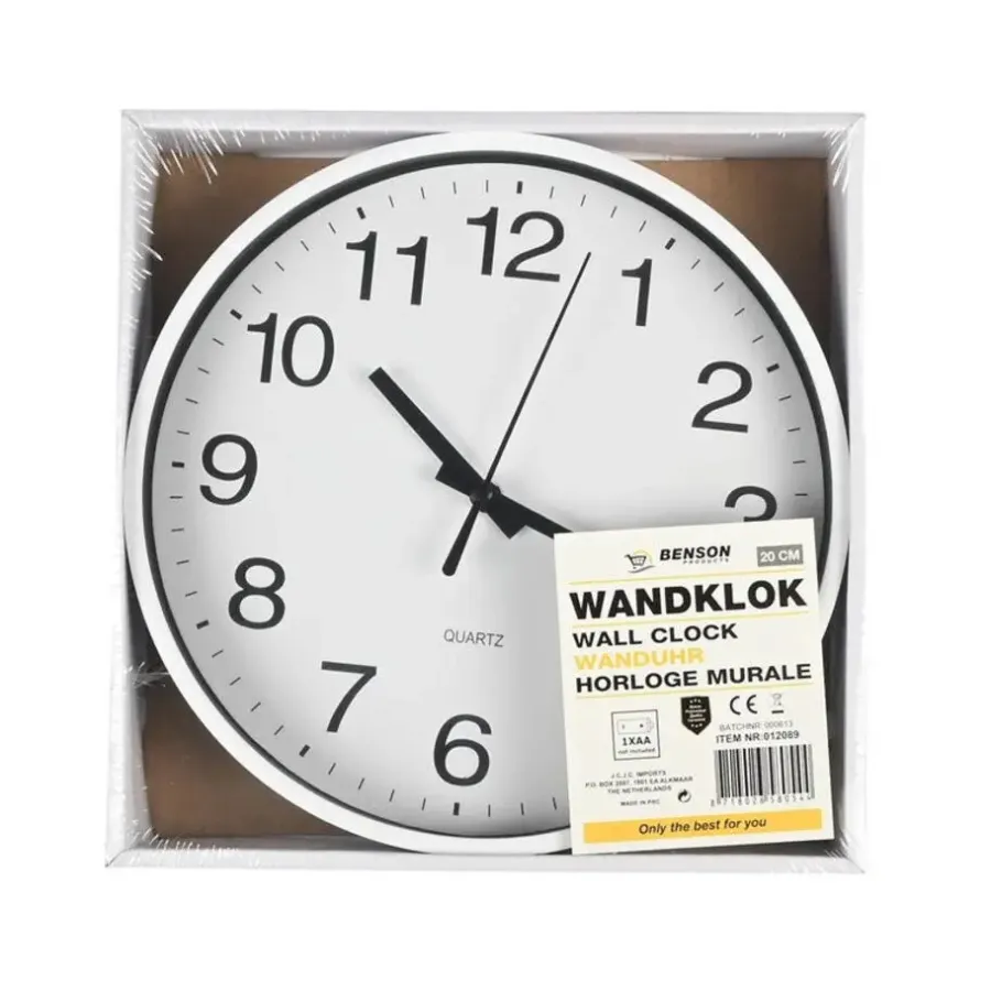 Klokken-Benson Wandklok/muur klok - wit - kunststof - Dia 20 cm