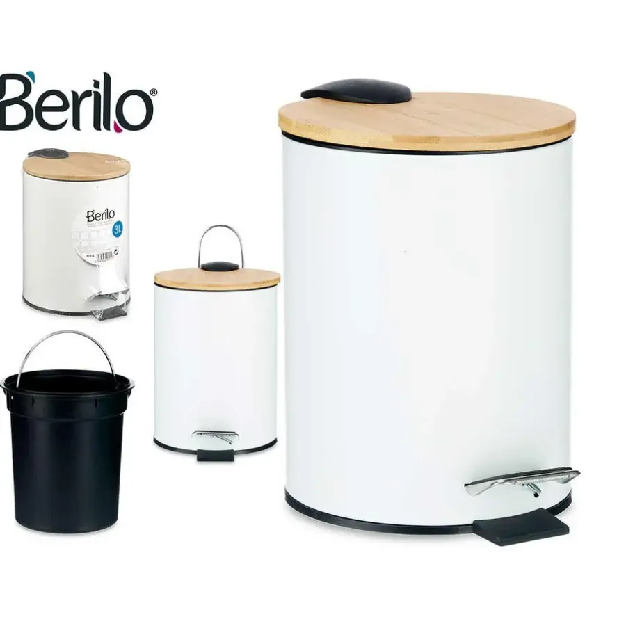 Berilo Prullenbak/pedaalemmer - wit - 3 liter - metaal/bamboe