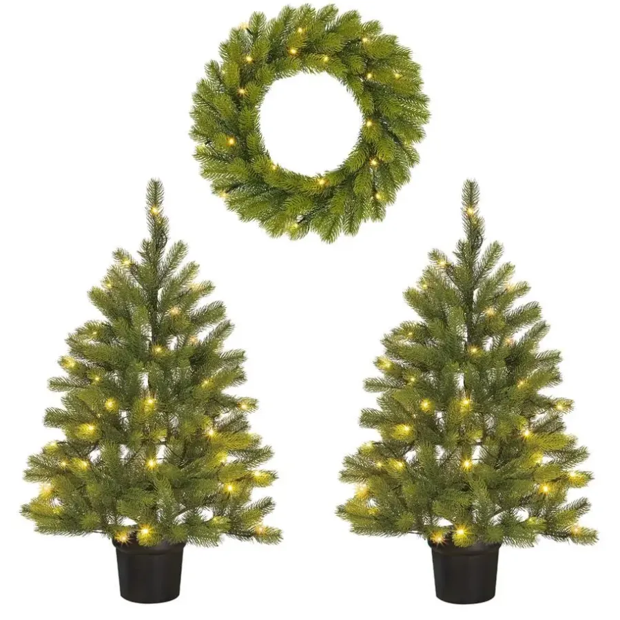 Kerstbomen-Black Box Trees Nagoya Set van 2 Kerstbomen en 1 Krans - H90 x Ø45 cm