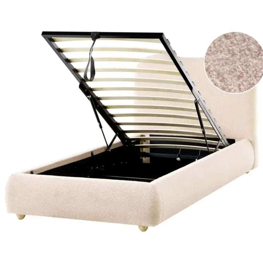 1-Persoons Bedden-Leen Bakker BLAGNAC - Bed met opbergruimte - Lichtbeige - 90 x 200 cm - Bouclé