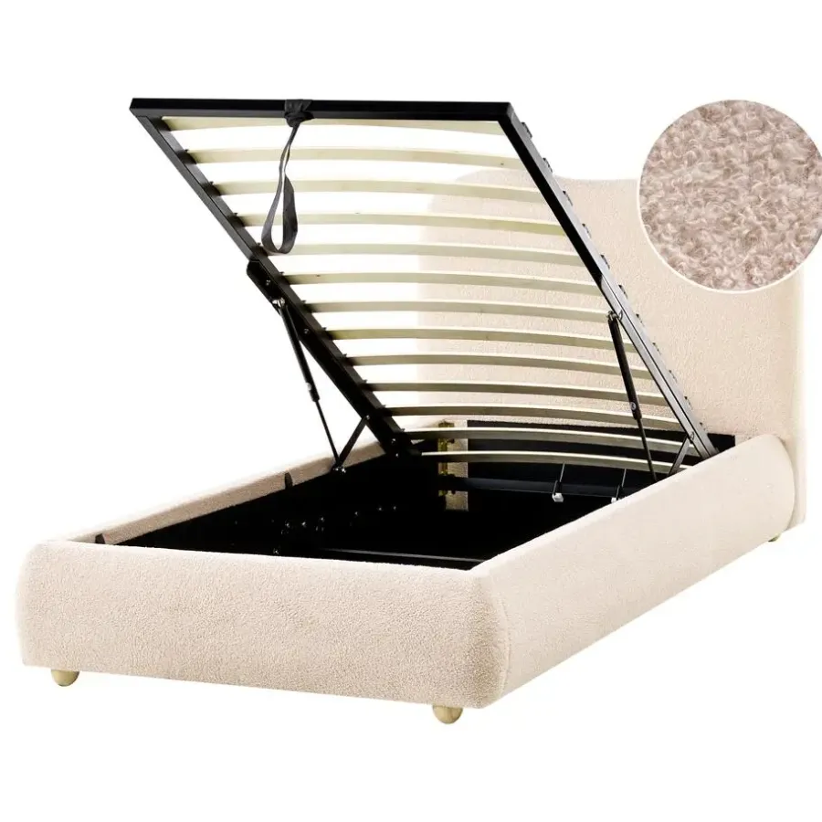 1-Persoons Bedden-Leen Bakker BLAGNAC - Bed met opbergruimte - Lichtbeige - 90 x 200 cm - Bouclé