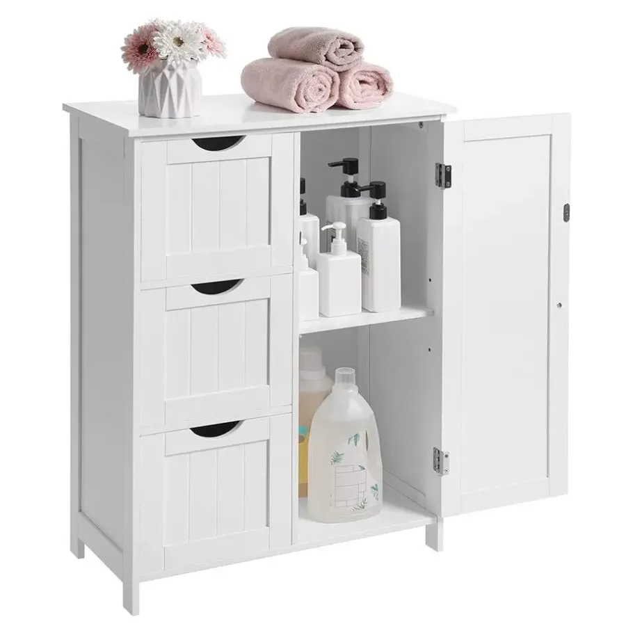 Hoge Kasten-Bobbel Home - Badkamermeubel - Badkamerkast - 3 Lades - 1 Deur - Hout - Wit