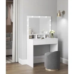 Kaptafels-Bobbel Home - Witte Kaptafel - Rechthoekige spiegel - Gloeilampen