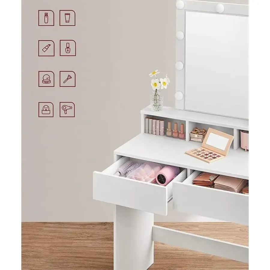 Bobbel Home - Witte Kaptafel - Rechthoekige spiegel - Gloeilampen