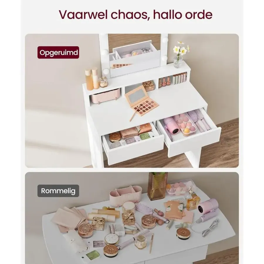 Bobbel Home - Witte Kaptafel - Rechthoekige spiegel - Gloeilampen