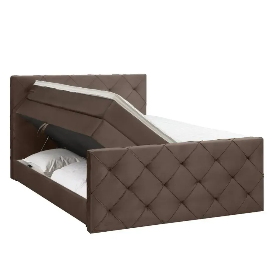 2-Persoons Boxsprings-Leen Bakker Boxspring met opbergruimte en voetbord Liv geruit - bruin - 140x200cm