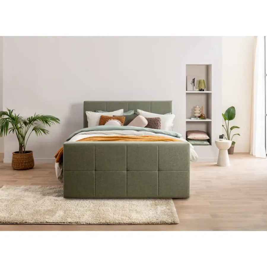 2-Persoons Boxsprings-Leen Bakker Boxspring met voetbord Liv geblokt - groen - 140x200 cm - slanke poot