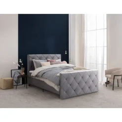 Leen Bakker Boxspring met voetbord Liv geruit - grijs - 120x200 cm - ronde poot