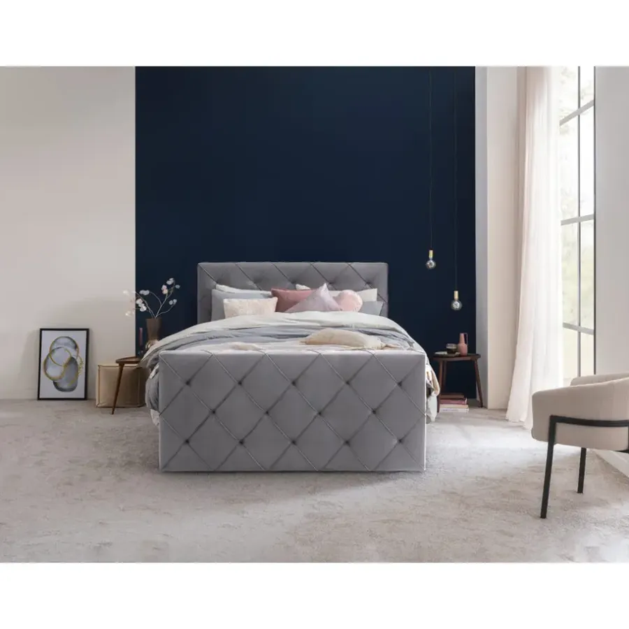 Leen Bakker Boxspring met voetbord Liv geruit - grijs - 120x200 cm - ronde poot