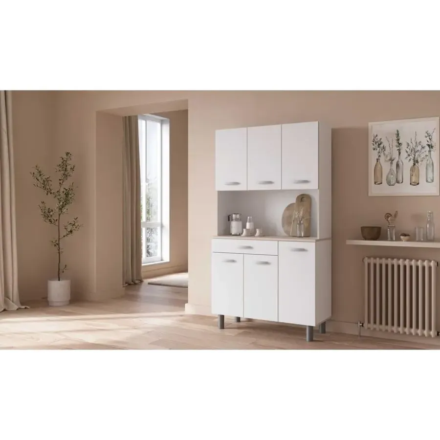 CBA Buffetkast Pavel 185cm hoog - mat wit/acacia met werkblad