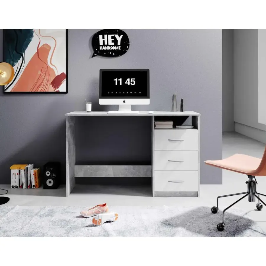 Emob Bureau Adriano 123cm met 3 lades - beton/wit