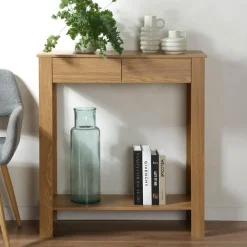 Sidetables-Calicosy - Hoge console met 2 lades in eiken decor - Licht hout - 29x79x86,5 cm