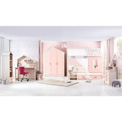 Kinderkledingkasten-Leen Bakker Cento Pink 3-deurs kledingkast huisje meisjeskamer